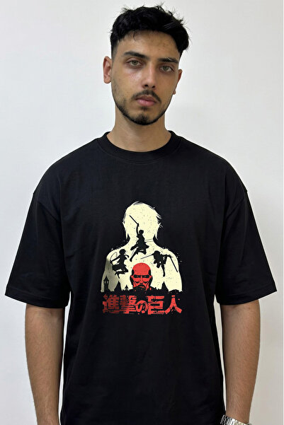 Anetos Shingeki No Kyojin Design Printed Oversize Black T-Shirt