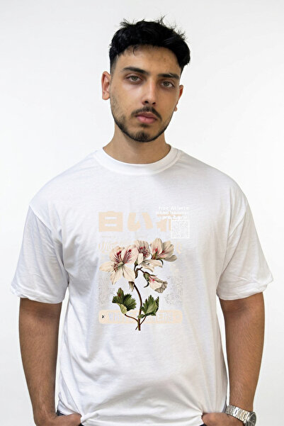 Anetos White Flowers Design Printed Oversize White T-Shirt