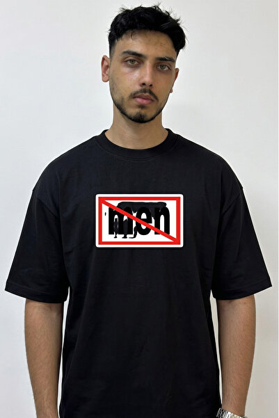 Anetos No Men Design Printed Oversize Black T-Shirt