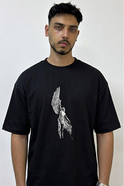 Anetos Winged Angel Design Printed Oversize Black T-Shirt