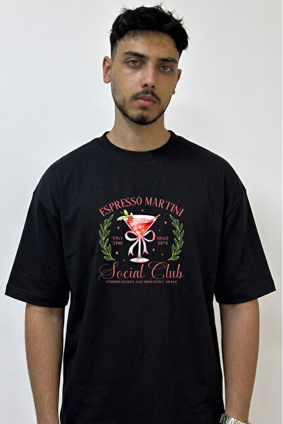 Anetos Espresso Martini Design Printed Oversize Black T-Shirt