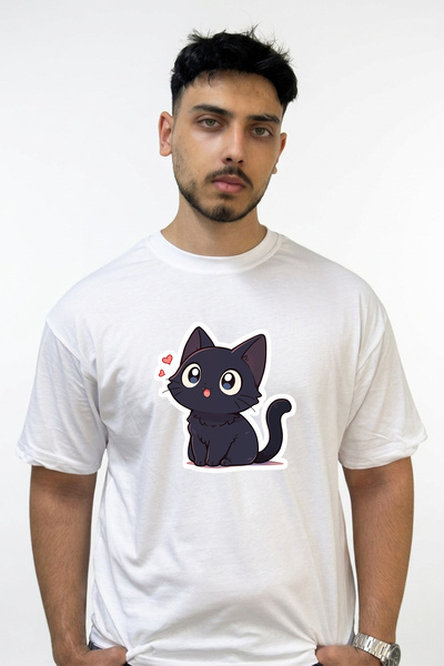 Anetos Anime Cat Design Printed Oversize White T-Shirt