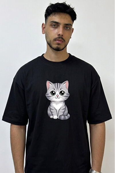 Anetos Cartoon Cat Design Printed Oversize Black T-Shirt