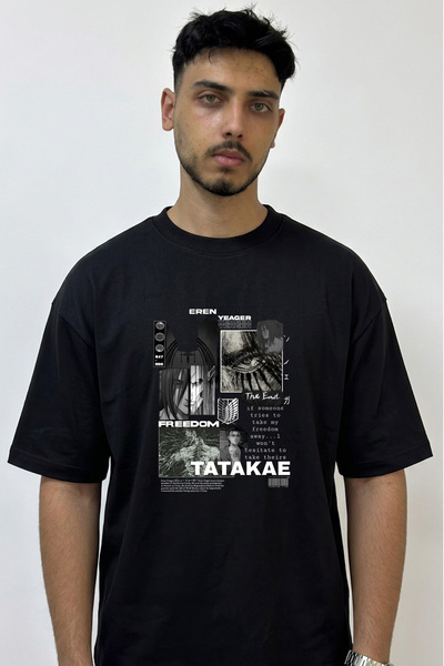 Anetos Eren Yeager Design Printed Oversize Black T-Shirt