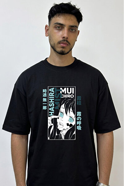 Anetos Muichiro Tokito Design Printed Oversize Black T-Shirt