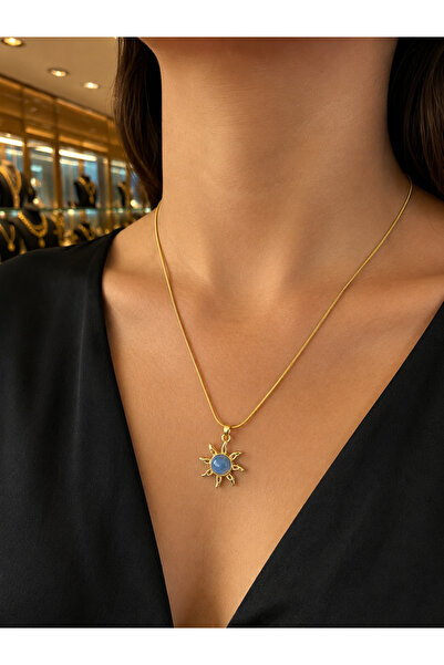 CAXBERN Blue Detailed Sun Snake Chain Gold Necklace