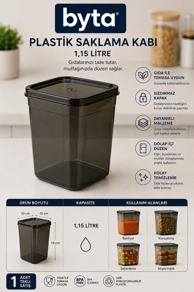 BYTA Kendinden Kapaklı Saklama Kabı 1,15 litre Kapasiteli 14x10x10 cm.