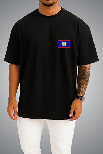 Bahriyeli Collection Oversize Belize Flag Pocket Printed Unisex T-Shirt