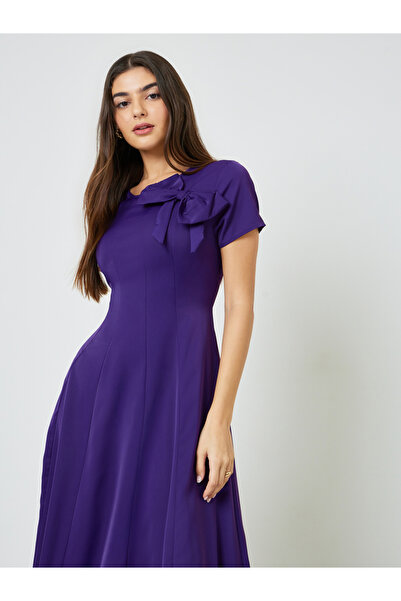 Take Two By Styli Purple A-Line Midi Dress with Bow Detail