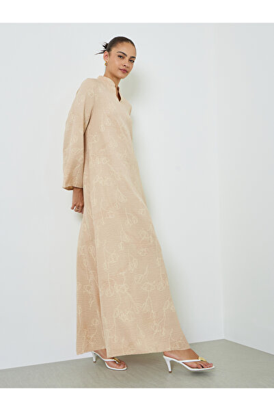 Amirah By Styli Brown All Over Print Stand Collar Jalabiya with Side Slit