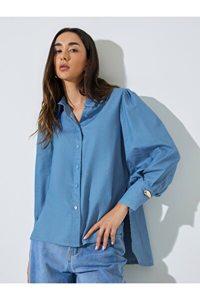 Styli Blue Metal Button Trim Longline Shirt