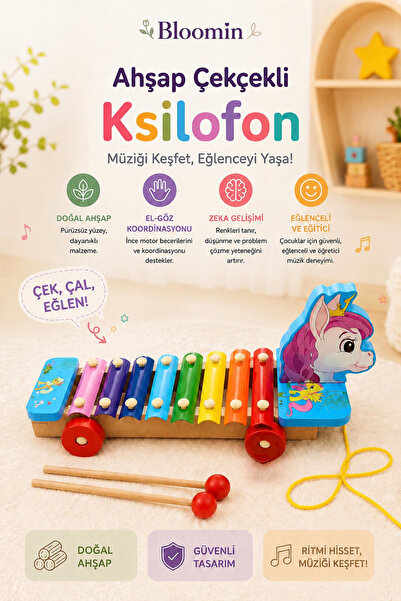 Bloomin Kutulu Ahşap Tekerli Unicorn Figürlü Çekçek Selefon , Ksilofon Ahşap ...