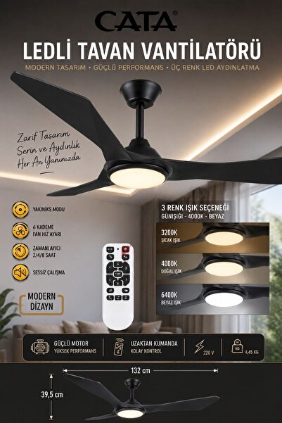 Cata CT-3000 3 RENK LED IŞIKLI, SESSİZ, KUMANDALI TAVAN VANTİLATÖRÜ