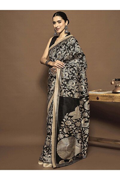 PRASHA Women's Bhagalpuri Silk Black Printed Ready to Wear With Blouse Piece