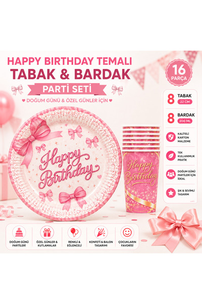 Ege Pastacılık Pembe Fiyonk Temalı Happy Birthday Karton Tabak ve Bardak Seti...