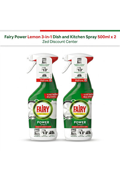 Fairy Power Lemon 3-în-1 Spray pentru vase și bucătărie 500ml x 2