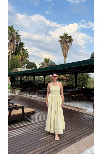 BED CO441 TEREYAĞ SARISI STRAPLEZ ELBİSE