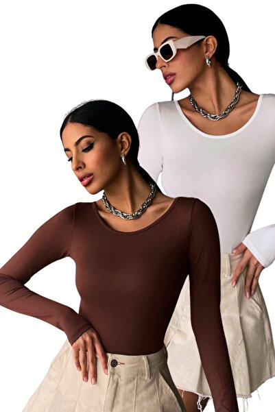 Ladima Women's 2-Piece White Aci Brown Princess Collar Bluz