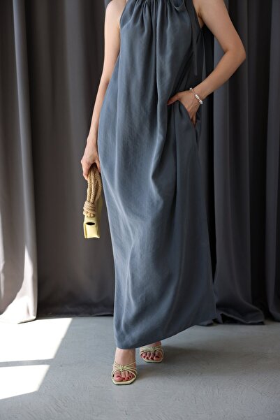 Suziş Anthracite Shoulder-Tie Long Dress 3213