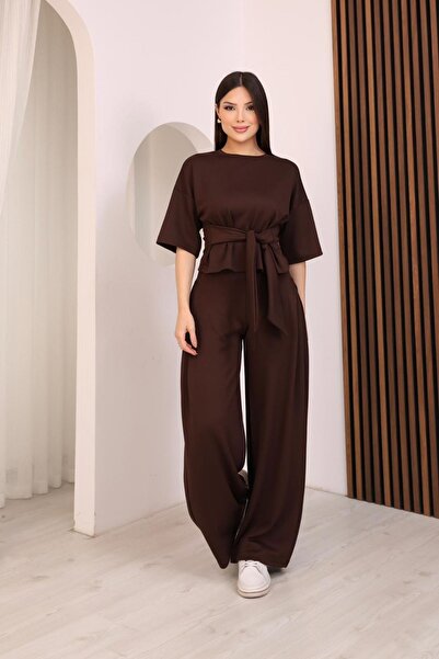 moda poni طقم نسائي بني اللون برباط مزدوج وفضفاض من الأعلى والأسفل