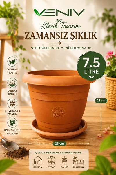 VENİV Dekoratif Antik Alt Tabaklı Saksı 7,50 Litre 1 Adet