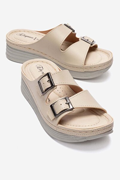 CCWAY AYAKKABI 2 Buckle Women's Slippers Beige
