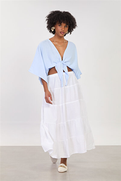 BARRELS AND OIL Women's belted pleated long cotton skirt - white
