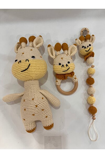 TOIVOS El Örgüsü Zürafa Set | Amigurumi + Çıngıraklı Diş Kaşıyıcı + Emzik Zin...