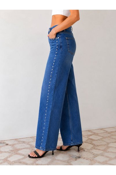 Ucajean Uca Jeans Women's Blue High Waist Stone Detailed Straight Fit Jean Pants