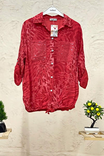 sahnemoda Batik Leopard Pattern Sequin Detailed Voile Shirt