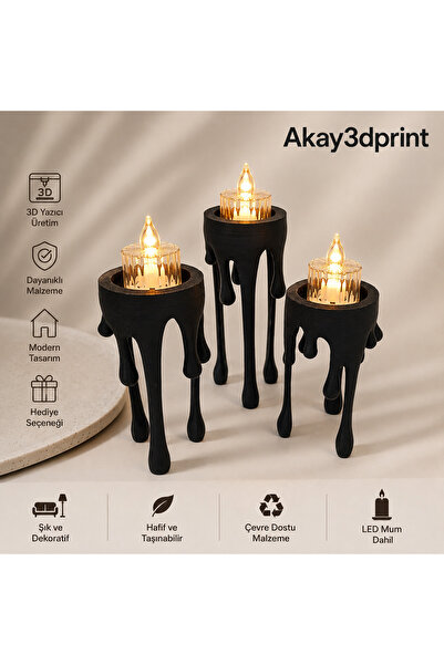 Akay3dPrint Modern Damla Tasarımlı 3’lü LED Mumluk Seti – Dekoratif Masa & Sa...