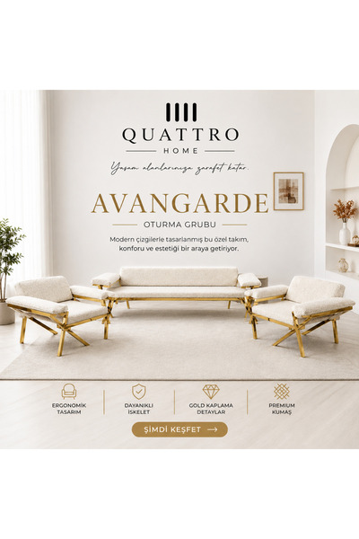 QUATTRO HOME Avangarde Oturma Grubu Krem Gold Detaylı Premium Kumaş 2+1+1