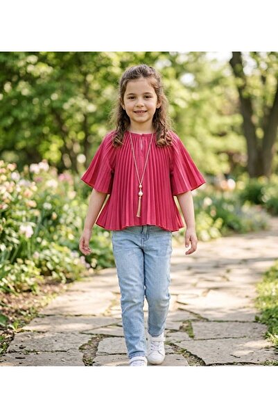 CUENTO KIDS Girl's Trendy Pleated Bat Sleeve Blouse with Accessories