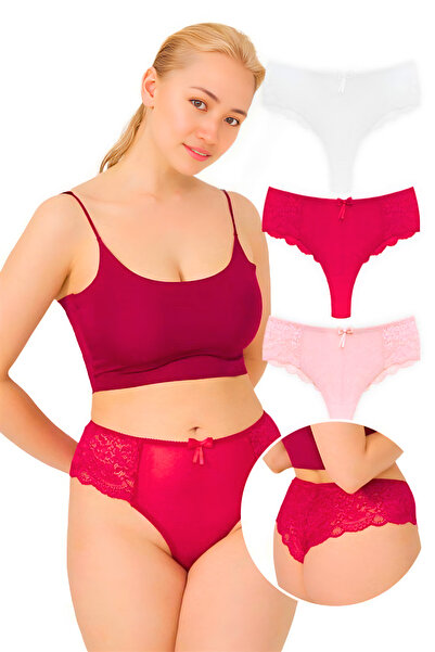 Homay 3-Piece Large Size Transparent Brazilian Panties Set with Tulle Detail ...