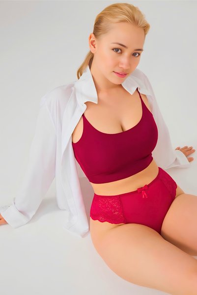 Homay 3-Piece Large Size Transparent Brazilian Panties Set with Tulle Detail on the Front and Lace
