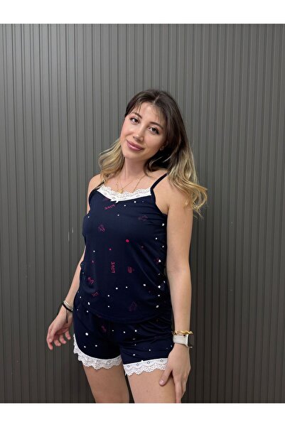 BUTİK PİCAMA Kadın t Dantel Detaylı Desenli Şortlu Pijama Takımı - İp Askılı ...