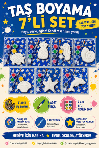 Hobicini 7 Adet 3D Taş Figür Boyama Etkinlik Seti Karne, Tatil, Doğum Günü He...