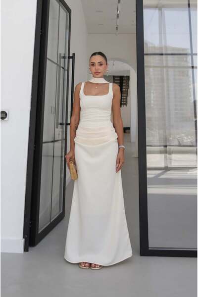 Havoş Cream Piran Long Dress with Scarf and Ribbon on the Back