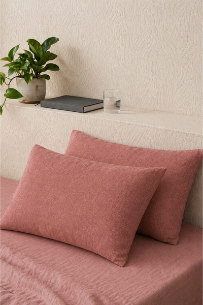 Fem Tekstil Kiremit Rengi Düz Dokulu 2'li Yastık Kılıfı 50x70 cm günlük ve çe...