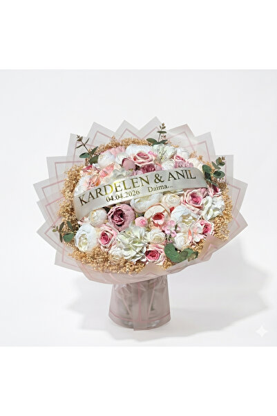 Rose Art Flowers Kişiye Özel İsimli Pudra Yapay Gül Buketi Söz Nişan Hediyesi