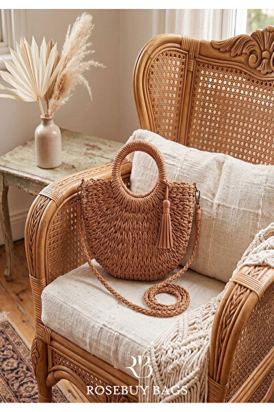 RoseBuy Bags Yuvarlak Saplı Hasır Omuz Çantası Bohem Günlük Çanta