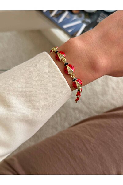Generic Brand Red Enameled Ladybug Figured Stone Gold Color Bracelet