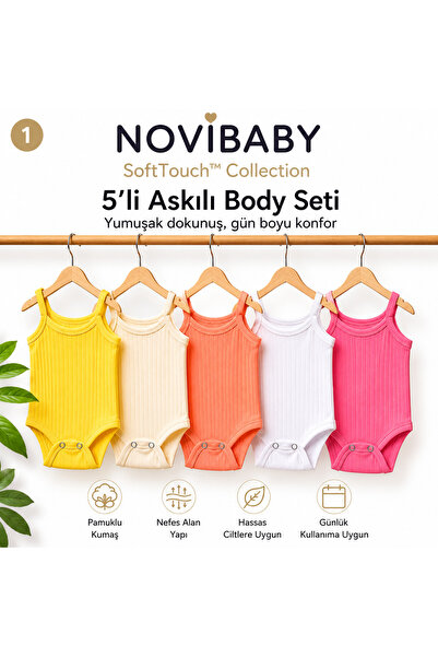 Novibaby 5-Piece Baby Bodysuit Set with Rope Straps, Cotton Snap Fasteners, S...