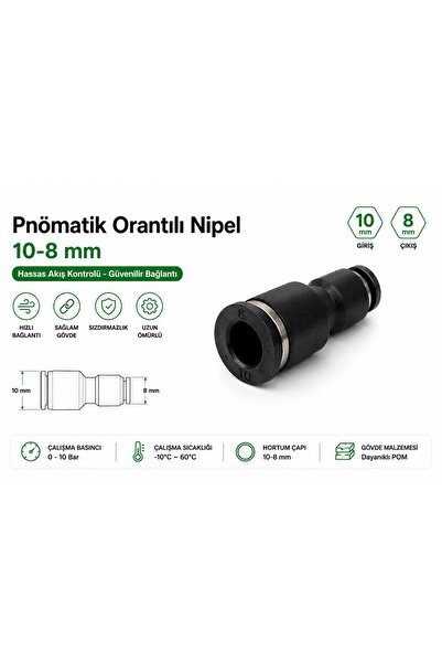 Universal 10-8mm (5ADET) Pnömatik Plastik Orantılı Nipel Redüksiyonl Hava Jakı