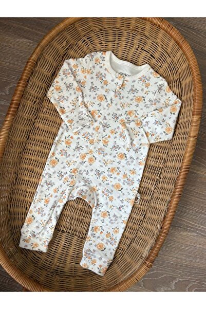 Mini Ropa Sarı Çiçek Baskılı Fermuarlı Kız Bebek Tulumu