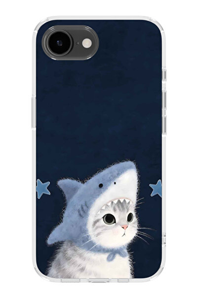FLAMENKO iPhone 17E Uyumlu Köpekbalığı Köstümlü Kedi Desenli Şeffaf Telefon K...