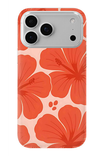 FLAMENKO iPhone 17 Pro Max Uyumlu Turuncu Hibiskus Çiçek Desenli Şeffaf Telef...