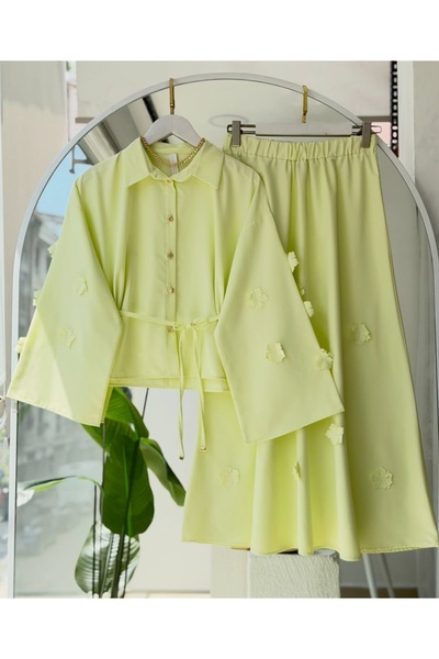 MODA VEDAT Kadın Lazer Kesim Çiçek Aksesuarlı Etekli Takım -0550