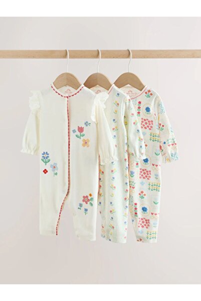 Next Baby Cotton White Floral Patterned 3-Piece Jumpsuit Set