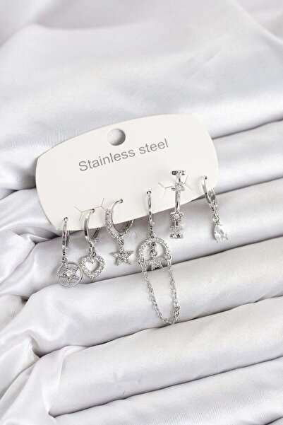 Inure Jewelry 316L Steel Silver Color Zircon Stone Chain Detailed Women's Ear...
